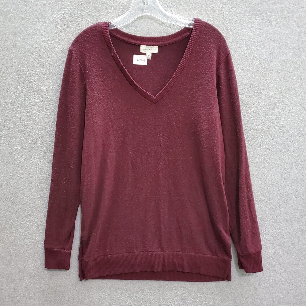 Lucky Brand Women Sweater Small Red Tunic Ribbed Hem V Neck Long Sleeve Pullover